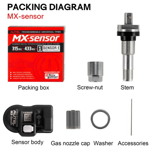 Autel MX-Sensor 315MHz+433MHz 2 in 1 Universal Programmable TPMS Sensor (Metal/ Rubber Valves)-OE Level Tire Pressure Monitoring System