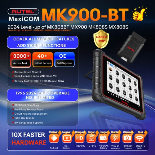 Autel MaxiCOM MK900BT MK-900BT Scanner Support 3000+ Active Test, 40+ Service, OE Full Diagnose, WiFi Print, 11 OS, FCA SGW，CAN-FD&DOIP  up of MK900 MX900 MS906BT MK808BT PRO MK808S MX808S MK808Z Ship from US