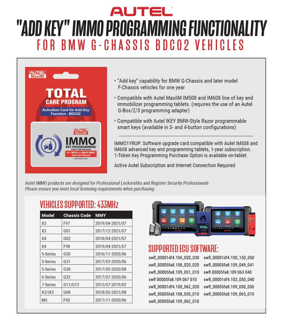 AUTEL IMMO1YRUP BMW G-Series Key Programming 1 Year Software Card for IM508 IM608 Series Otofix IM1 IM2 to Add Key BMW BDC2